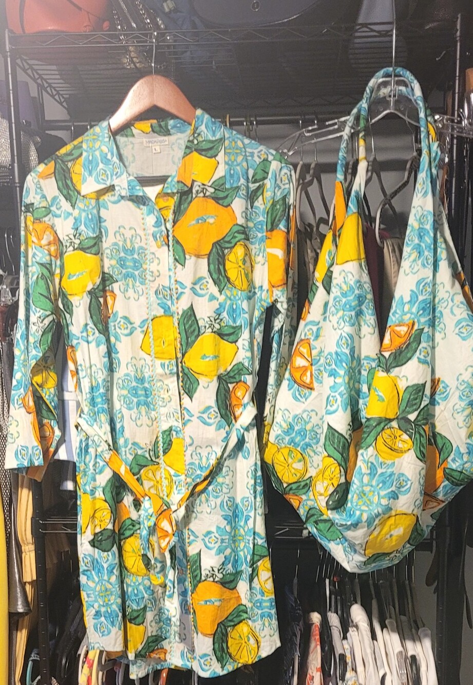 Lemon Print Shirt Dress in White, Yellow & Blue